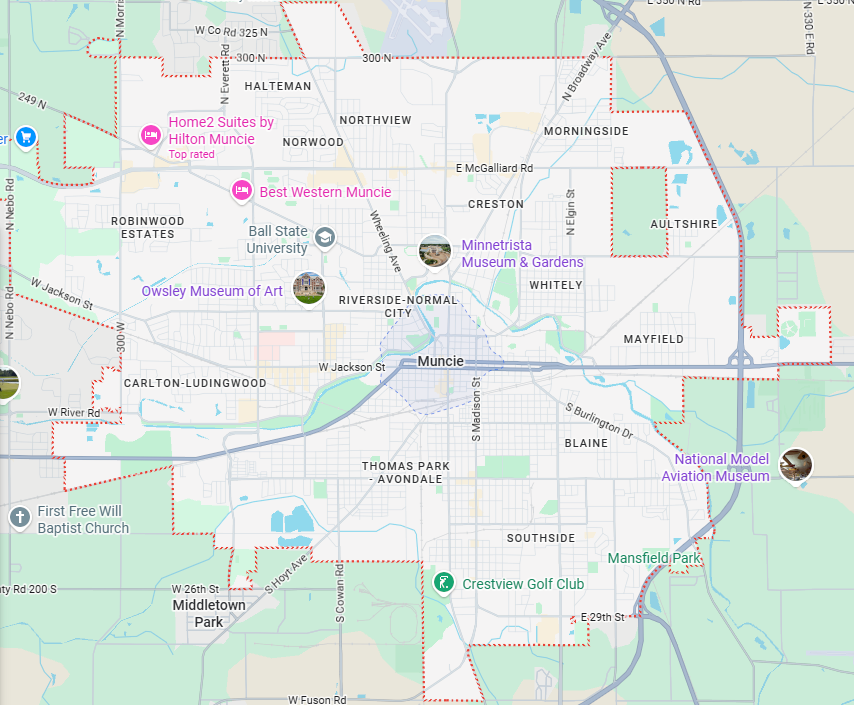 Service area map centered on Muncie, Indiana